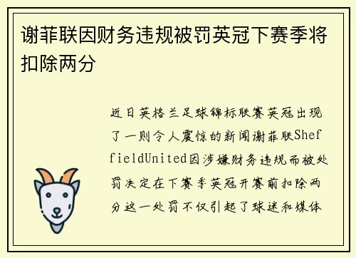 谢菲联因财务违规被罚英冠下赛季将扣除两分